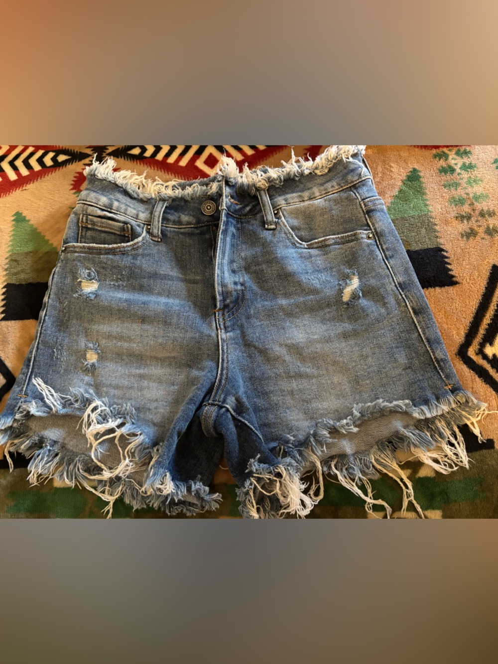 High-Rise Distressed Denim Shorts in Light Blue